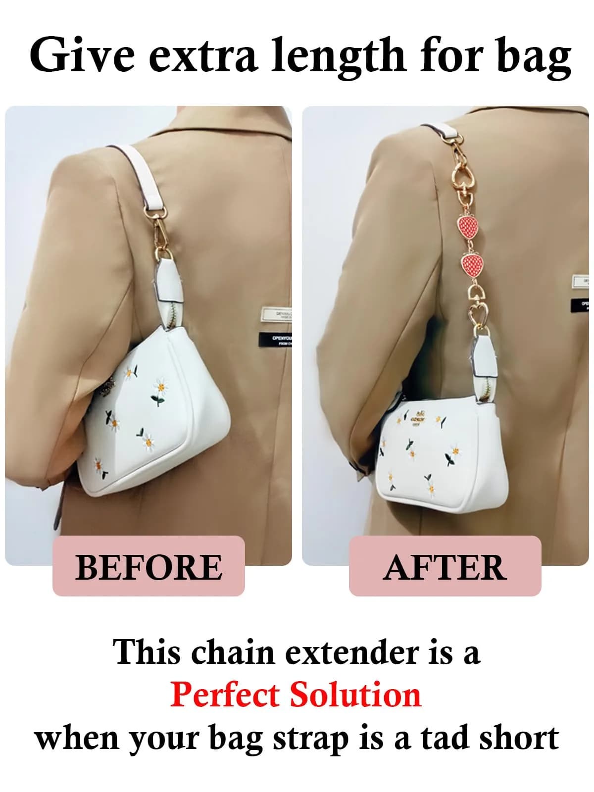 COICOIC Strawberry Purse Strap Extender - 12cm (4.7") | Cute Bag Chain Accessory - view 3
