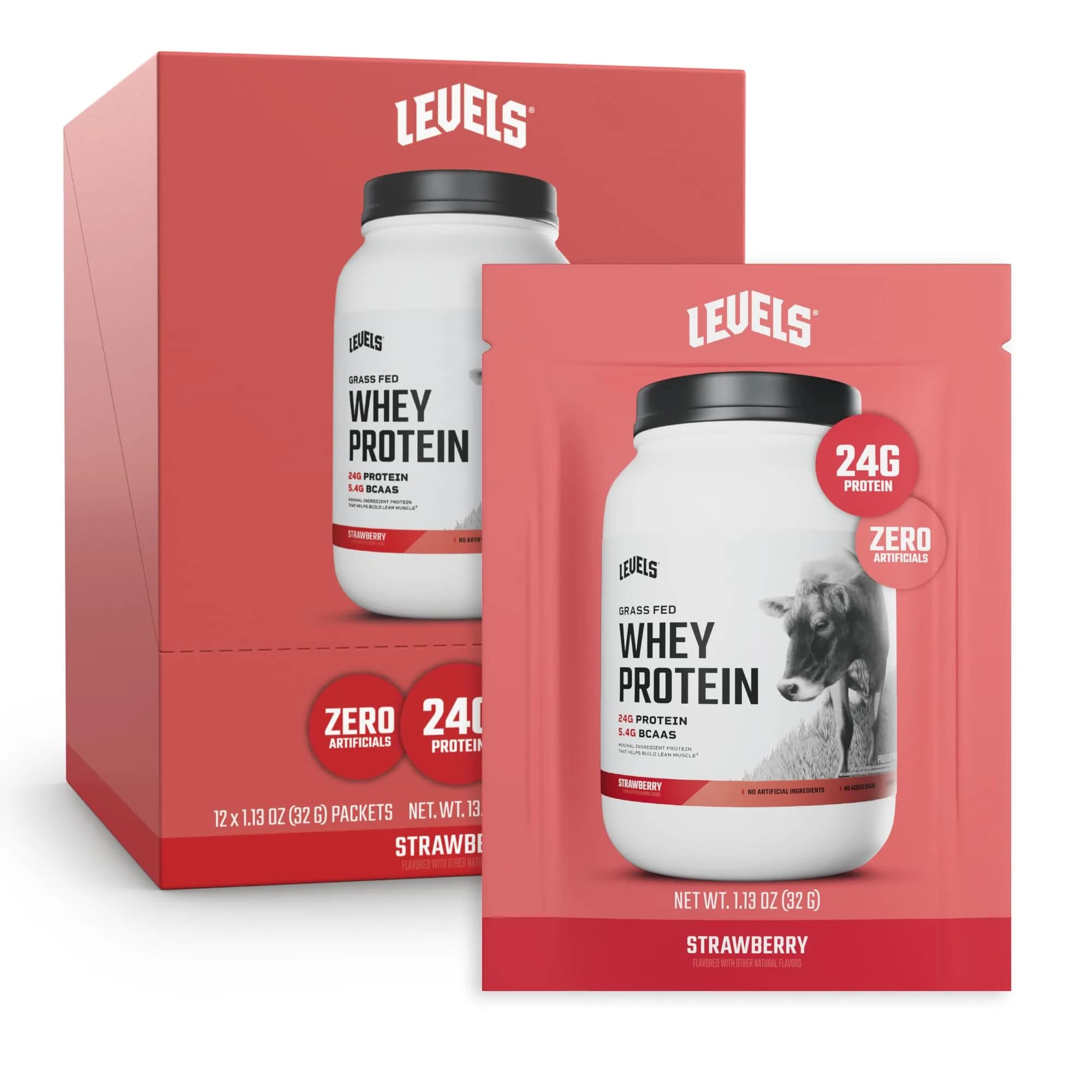 Levels Nutrition Strawberry Grass Fed Whey Protein Powder | 24g Protein, 5.4g BCAAs, No Artificials - main product image