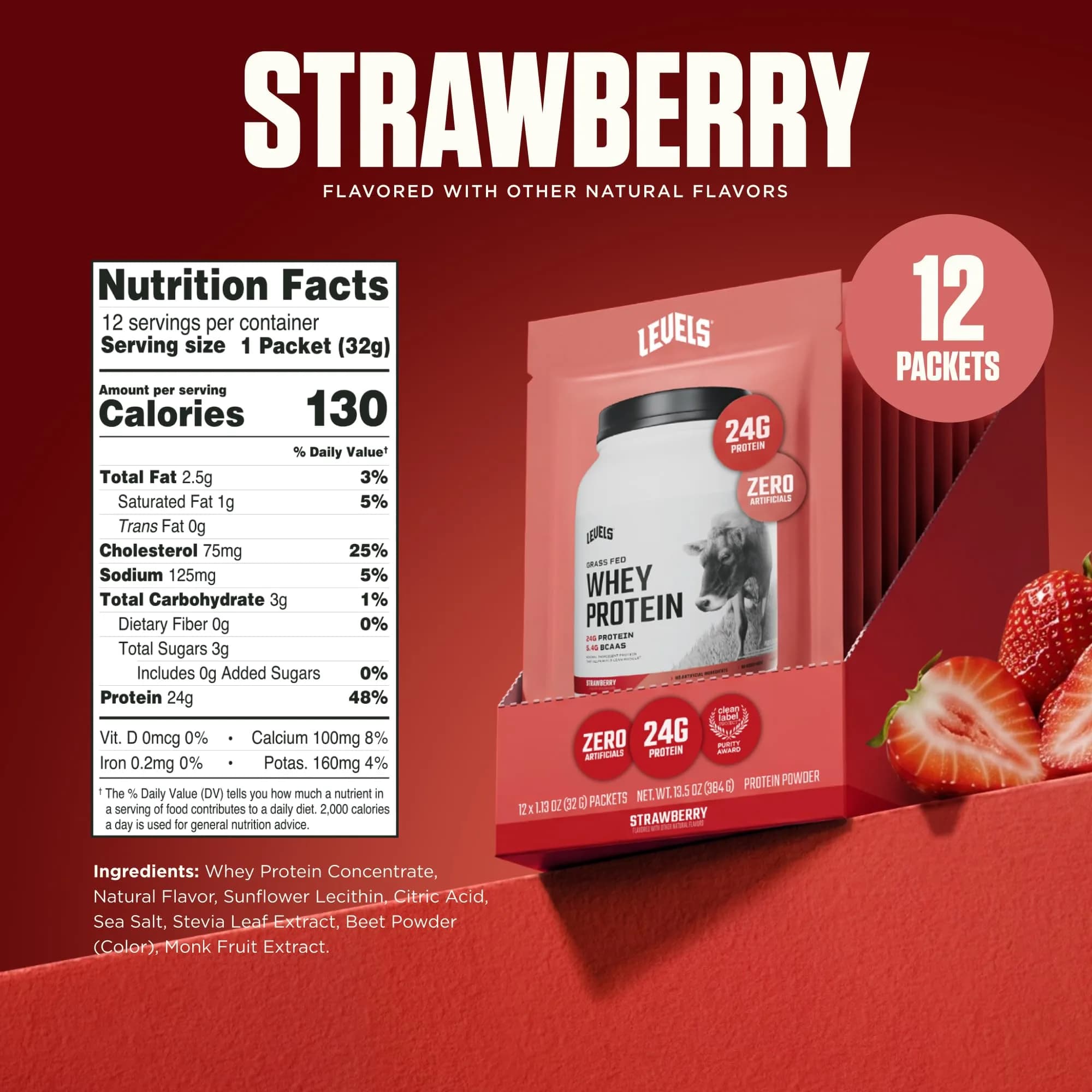 Levels Nutrition Strawberry Grass Fed Whey Protein Powder | 24g Protein, 5.4g BCAAs, No Artificials - view 3