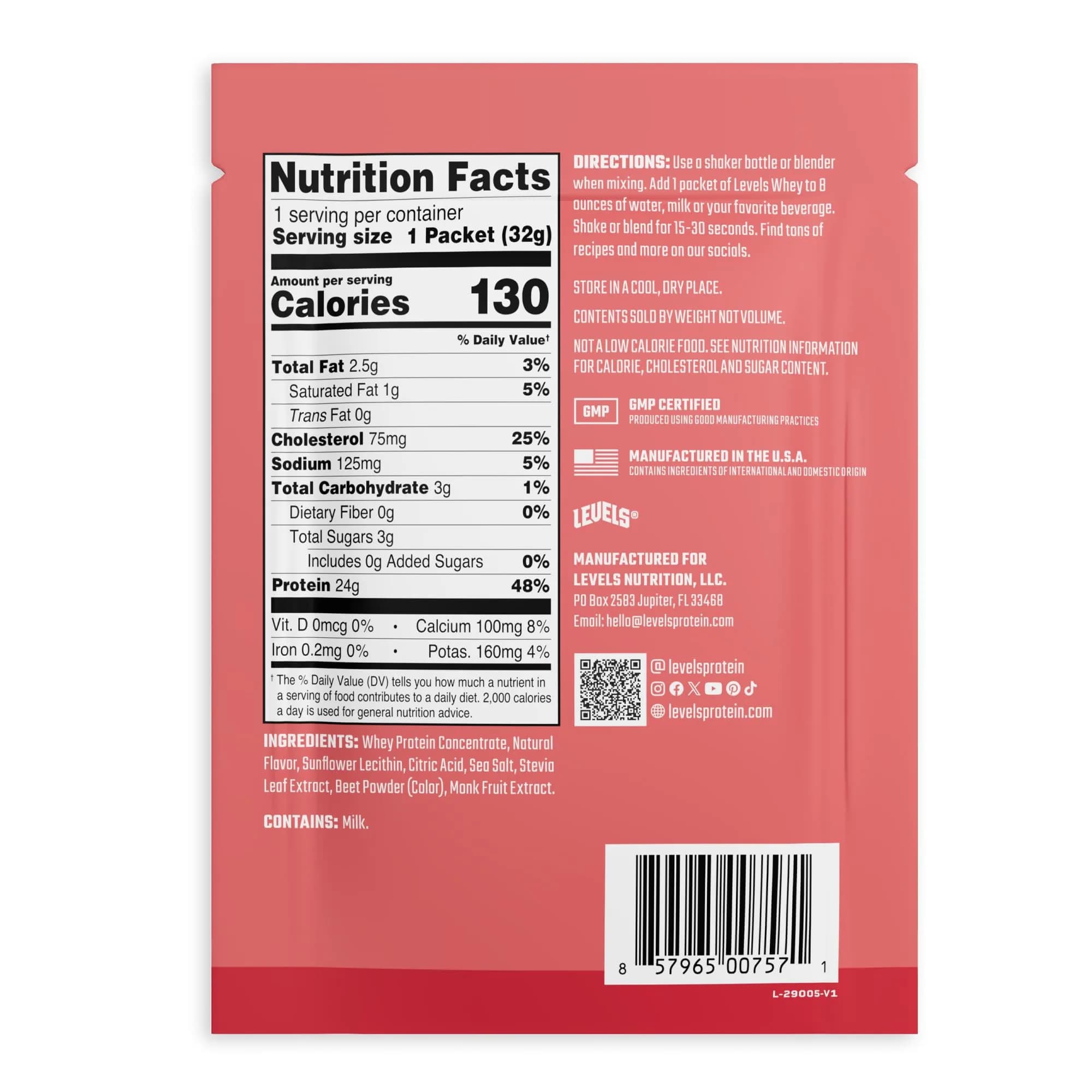 Levels Nutrition Strawberry Grass Fed Whey Protein Powder | 24g Protein, 5.4g BCAAs, No Artificials - view 8