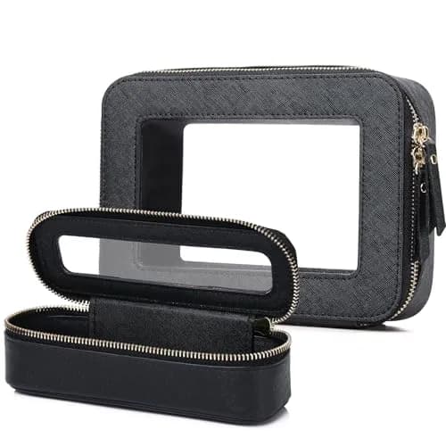 Pinkmik Travel Clear Makeup Bag Set (Black, M+SLIM) | TSA Approved Organizer with Waterproof Faux Leather — B1/Black