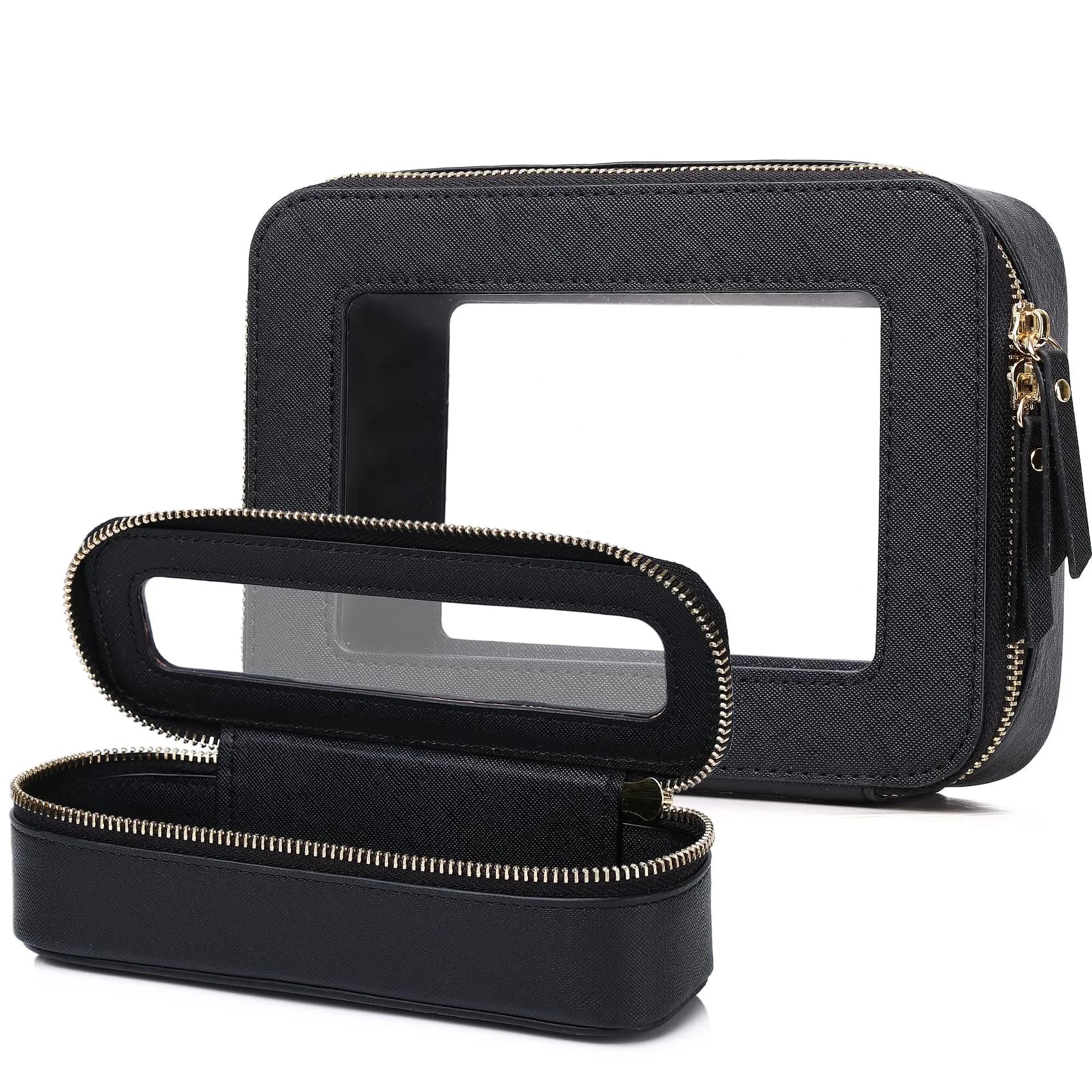 Pinkmik Travel Clear Makeup Bag Set (Black, M+SLIM) | TSA Approved Organizer with Waterproof Faux Leather - main product image