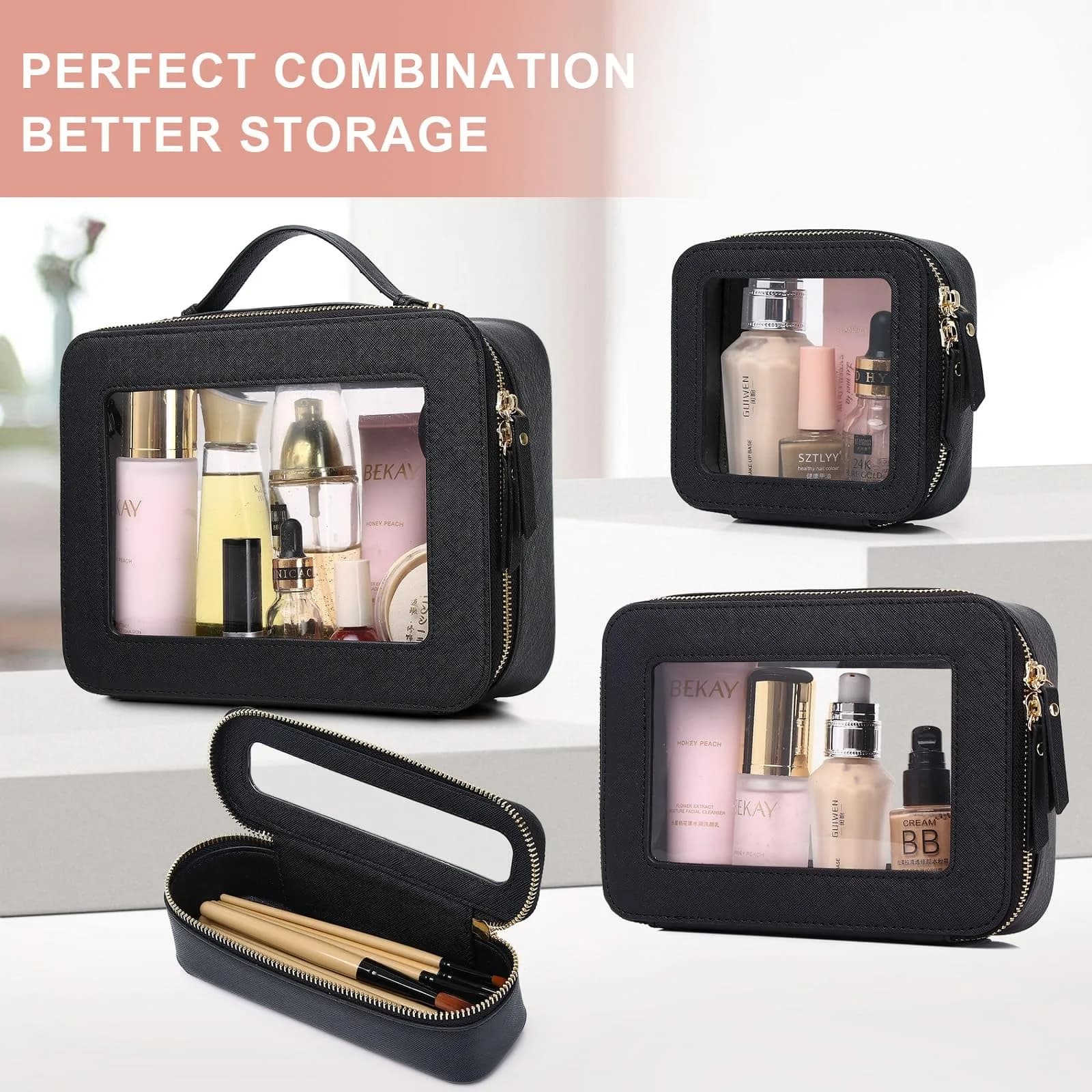 Pinkmik Travel Clear Makeup Bag Set (Black, M+SLIM) | TSA Approved Organizer with Waterproof Faux Leather - view 7