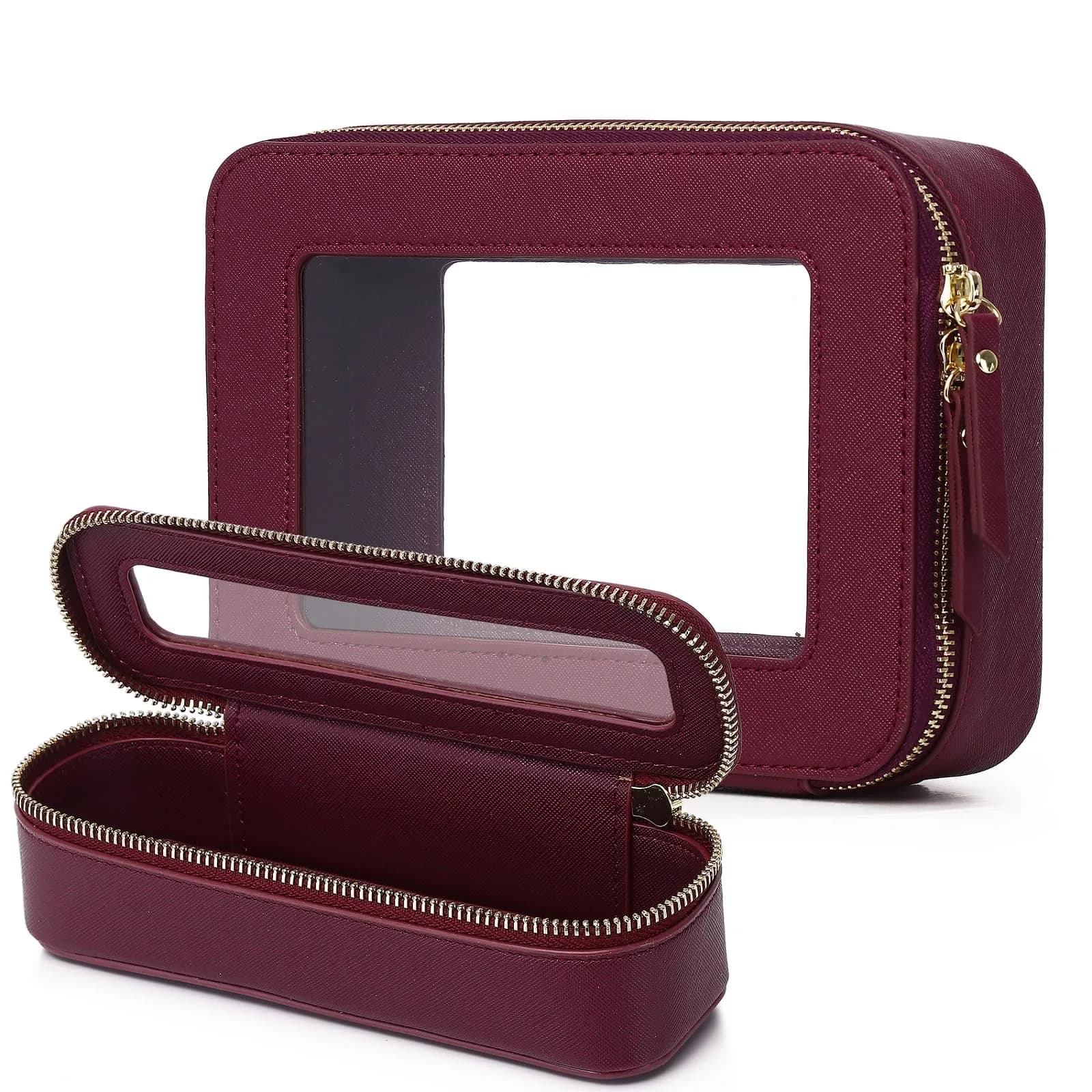 Pinkmik Burgundy M+SLIM Clear Makeup Bag - TSA Approved Travel Cosmetic Case - main product image