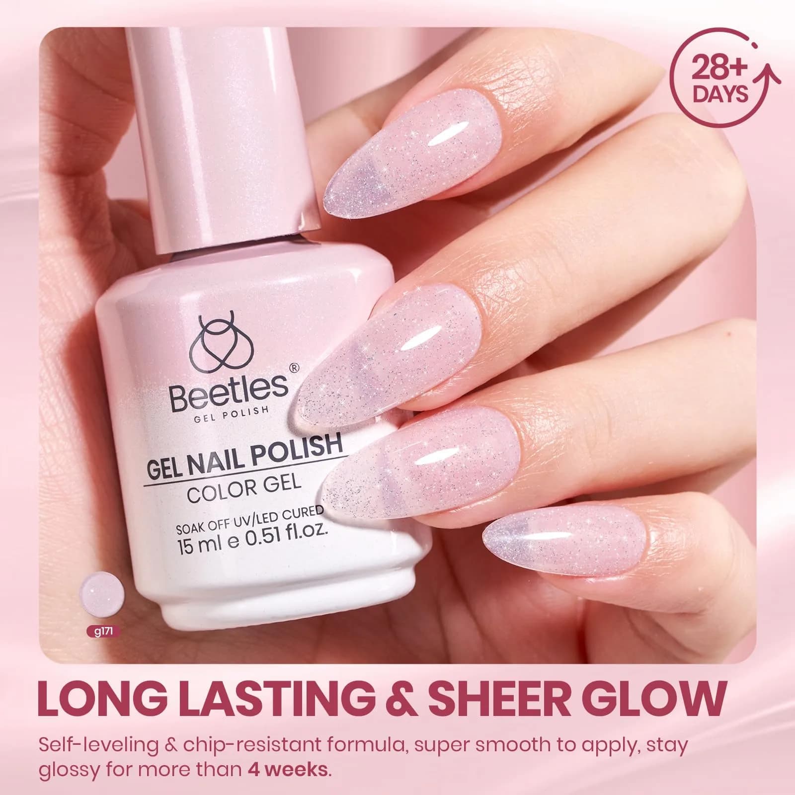 Beetles Nude Gel Nail Polish, Soft Glow Fragments 15ML (0.51 Fl Oz) | Shimmer Pink Jelly Gel - view 4