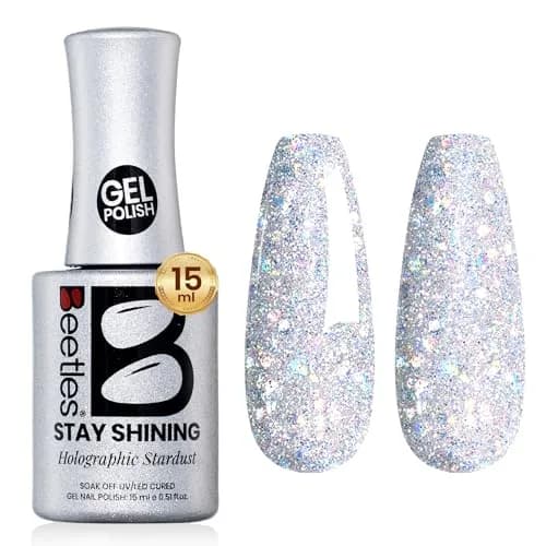 Beetles Glitter Gel Nail Polish, 0.51 fl oz (15ml) Diamond-Shine Holographic Stardust | UV/LED Cure — F - Shimmery Silver | Holographic Stardust