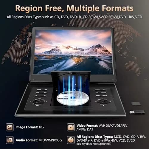 PJGCWB 17.9" Portable DVD Player with 15.6" Swivel HD Screen & 5-Hour Battery | Car DVD Player for Kids with Dual Speakers & Remote thumbnail 3