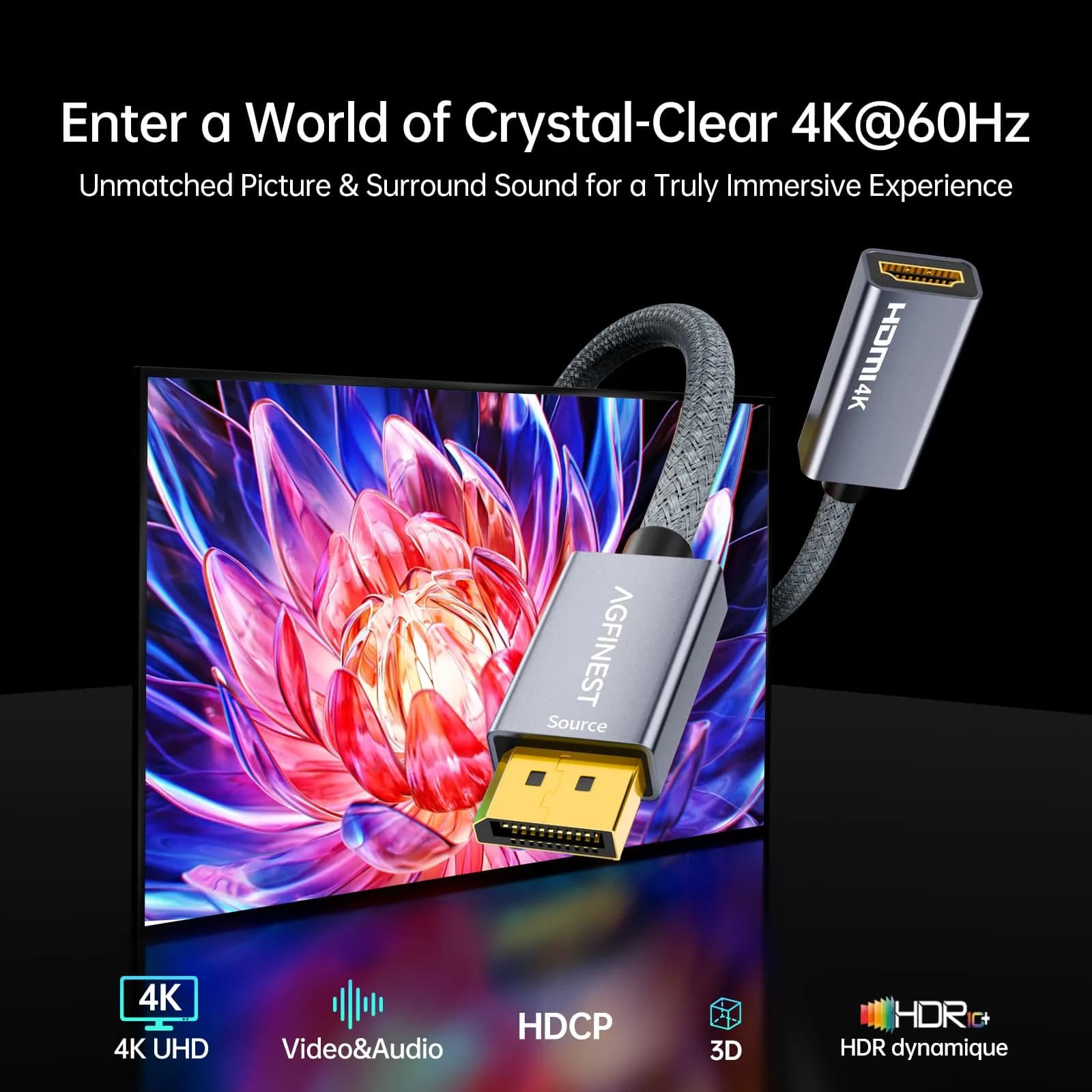 AGFINEST Active DisplayPort to HDMI Adapter 4K@60Hz (15.6 cm) | Stable Signal Conversion for PC, Laptop, Monitor, TV - view 2