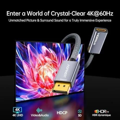 AGFINEST Active DisplayPort to HDMI Adapter 4K@60Hz (15.6 cm) | Stable Signal Conversion for PC, Laptop, Monitor, TV thumbnail 2