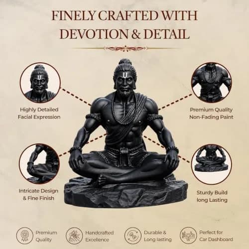 UNOVATE Lord Hanuman Idol for Car Dashboard, Home, Office Desk – Peace & Prosperity, Black Matte Finish thumbnail 4