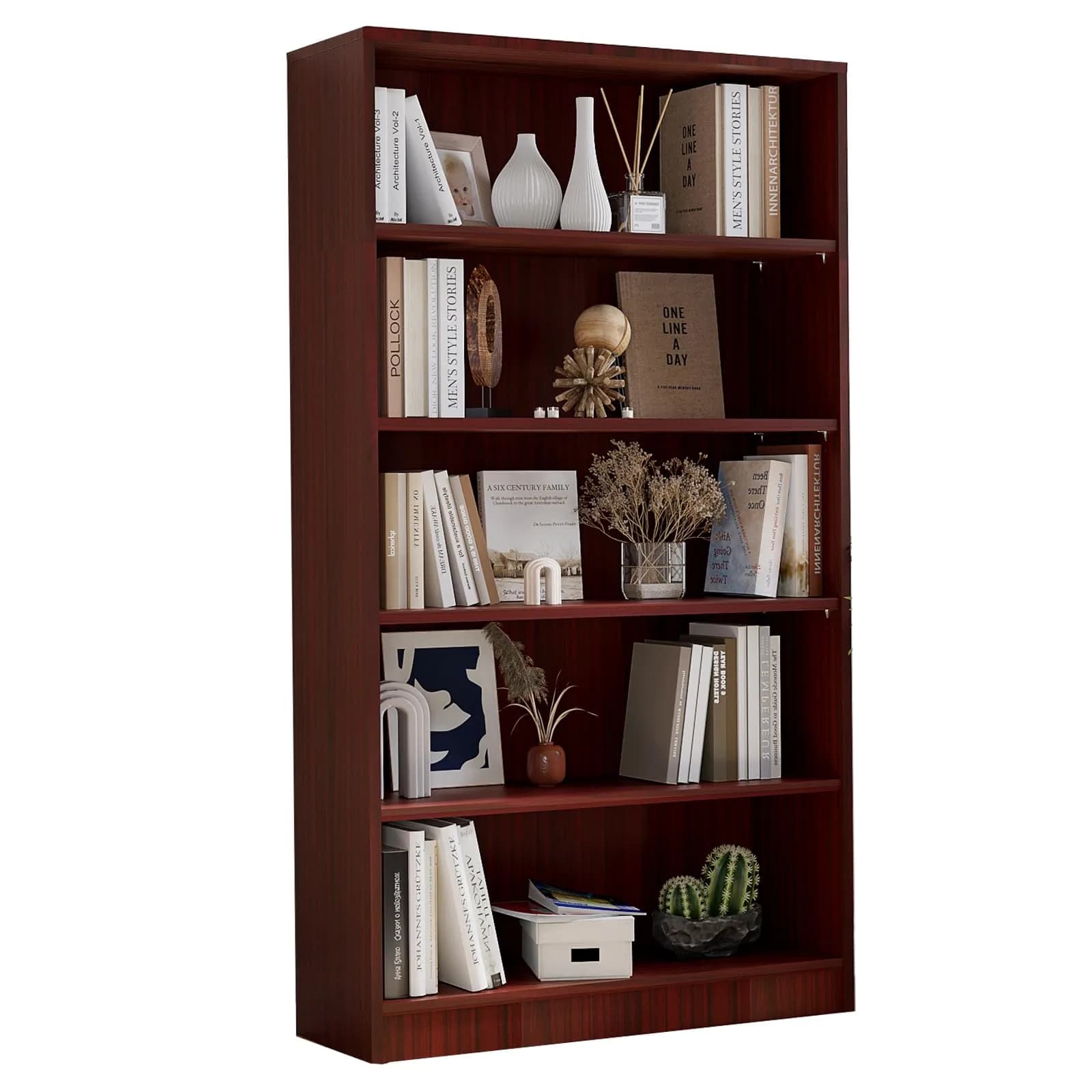 i-VTIES Bookcase Adjustable Storage Shelves 60-Inch Cherry | 5-Tier Modern Wood Bookcase for Bedroom & Office
