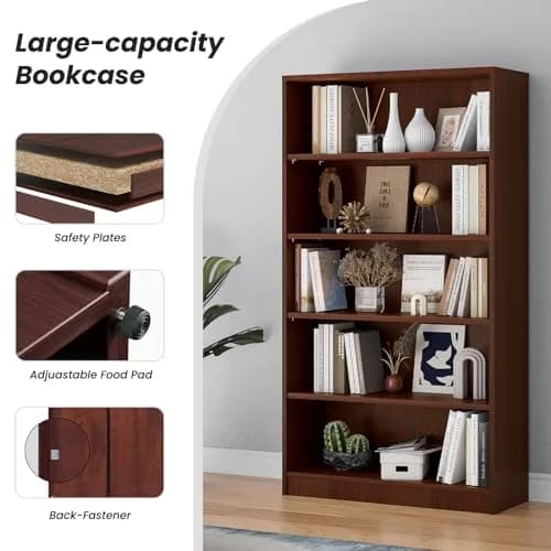 i-VTIES Bookcase Adjustable Storage Shelves 60-Inch Cherry | 5-Tier Modern Wood Bookcase for Bedroom & Office thumbnail 4