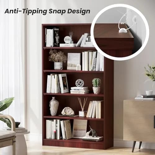 i-VTIES Bookcase Adjustable Storage Shelves 60-Inch Cherry | 5-Tier Modern Wood Bookcase for Bedroom & Office thumbnail 2