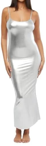 WEWOREWHAT Scoop Maxi Slip Dress 80% Nylon, 20% Spandex | Metallic Silver, XS | Low Back, Fitted, Spring/Summer thumbnail 1