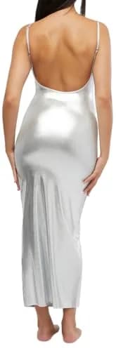 WEWOREWHAT Scoop Maxi Slip Dress 80% Nylon, 20% Spandex | Metallic Silver, XS | Low Back, Fitted, Spring/Summer thumbnail 3