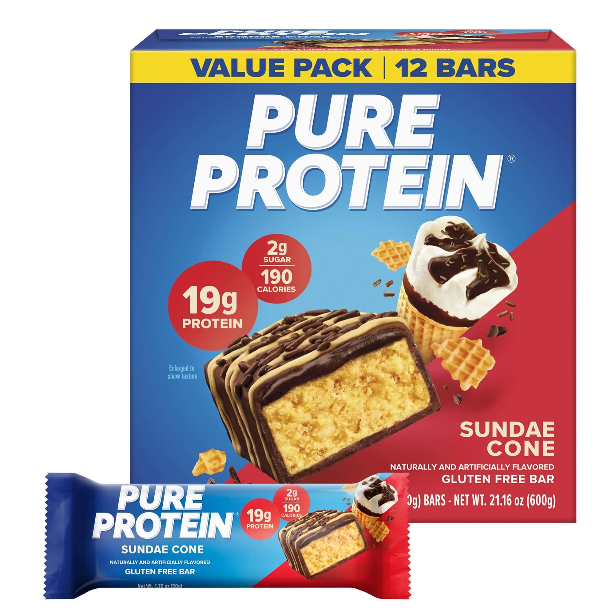 Pure Protein Sundae Cone Protein Bars 20g Protein 12 Count | Delicious High Protein Snack - main product image