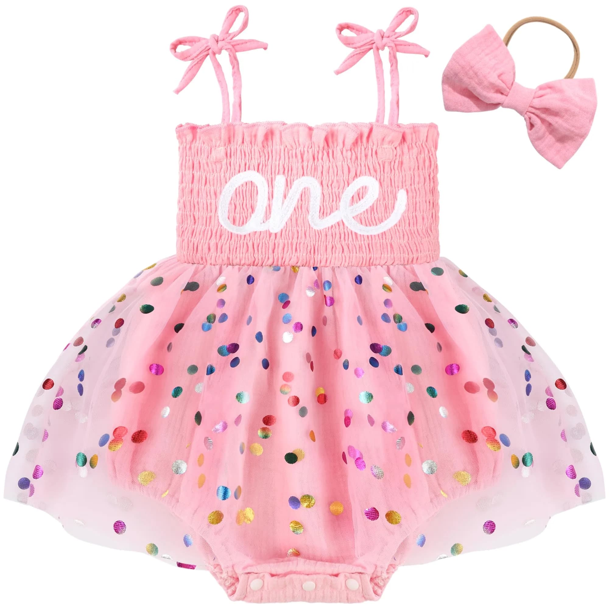HONGTEYA Baby Girl 1st Birthday Romper Tulle Dress with Headband - 12-18 Months