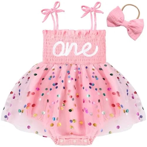 HONGTEYA Baby Girl 1st Birthday Romper Tulle Dress with Headband - 12-18 Months thumbnail 1