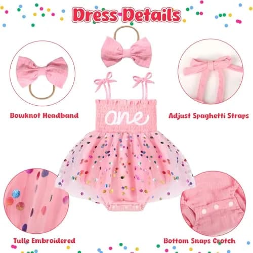 HONGTEYA Baby Girl 1st Birthday Romper Tulle Dress with Headband - 12-18 Months thumbnail 4
