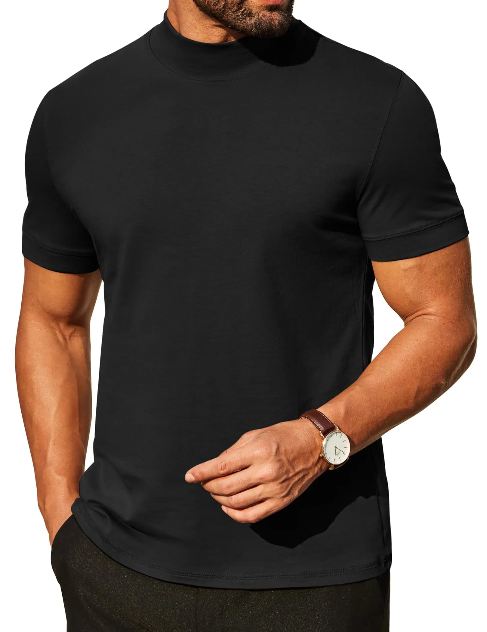 COOFANDY Heavy Weight Cotton Mock Turtleneck for Men Short Sleeve | Casual & Versatile (70-120 chars) — Black