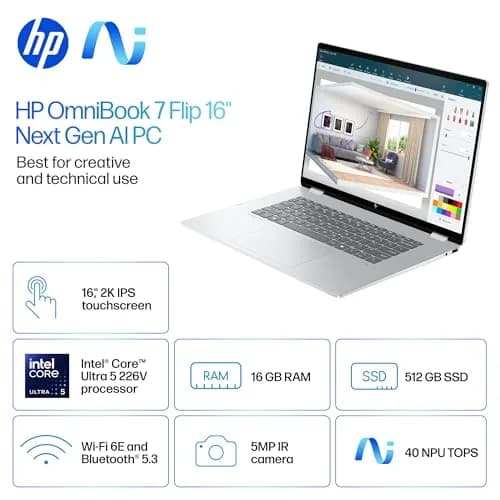 HP OmniBook 7 Flip 16-inch 2-in-1 AI PC | 2K Touchscreen, Intel Ultra 5, 16GB RAM, 512GB SSD thumbnail 2