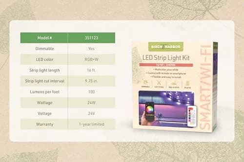 Birch Lighting Multicolor RGBW Smart LED Strip Light Kit 5m (16ft) with Remote & App Control thumbnail 8