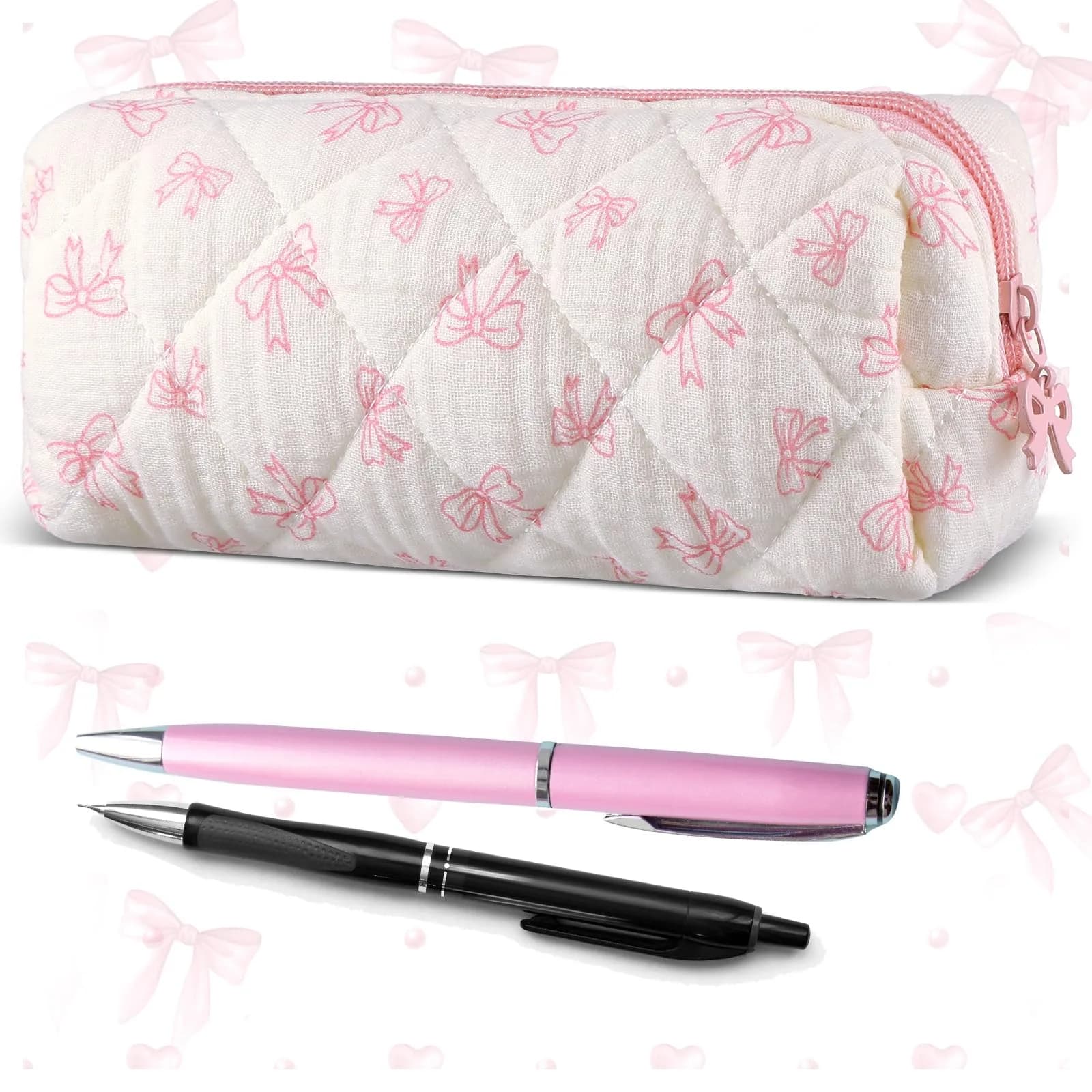 Sherr Coquette Bow Pencil Case Pink Bow Cute Heart Pencil Pouch 19cm (7.48in) | Soft Cotton Storage Bag