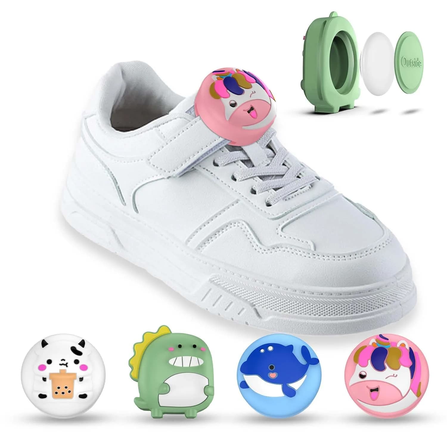 BIQIRE AirTag Shoes Holder 4-Pack (Gen 1 & 2) | Waterproof Silicone Cartoon Case for Kids Shoelaces & Straps (Green/White/Blue/Pink) - main product image