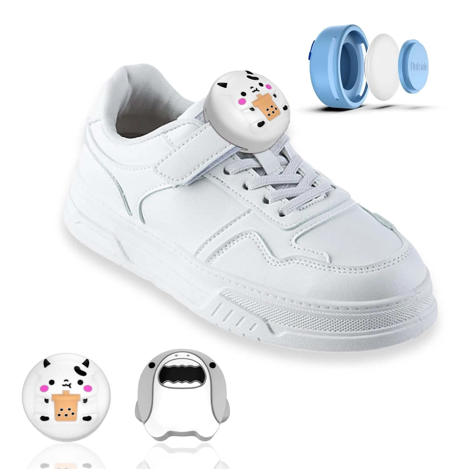 BIQIRE AirTag Shoes Holder 2 Pack | Waterproof Silicone Cartoon Cute Airtag Case for Kids Shoelaces & Straps (White & Grey)