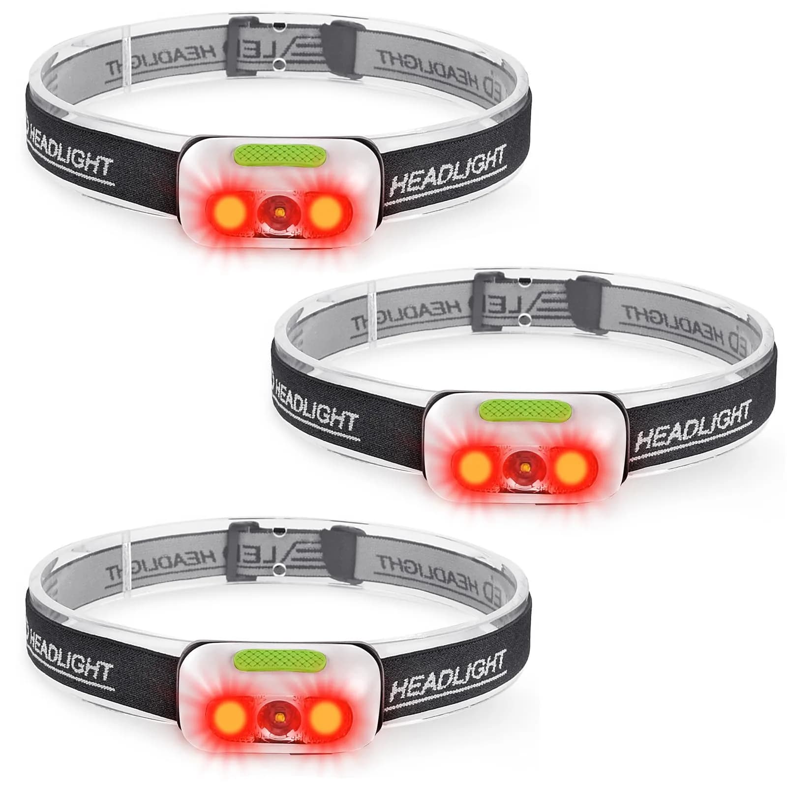 Geekhigh 500 Lumen Rechargeable Headlamp with Red Light 3PACK | IP54 Water-Resistant, 5 Modes, USB Rechargeable, Adult Outdoor Use — Red Headlight-White