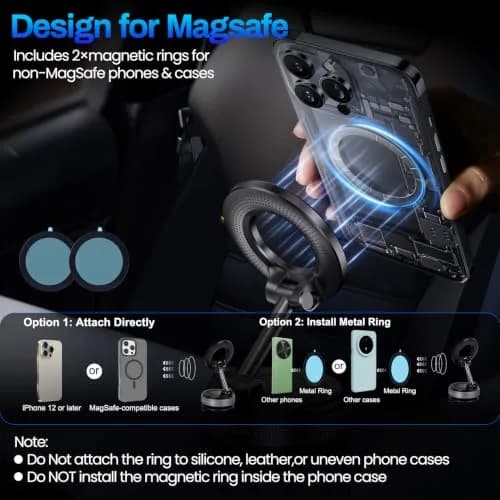 Jikasho Magnetic Phone Holder for Car, Suction Cup Mount, MagSafe Compatible, Space Grey | 360° Adjustable thumbnail 6