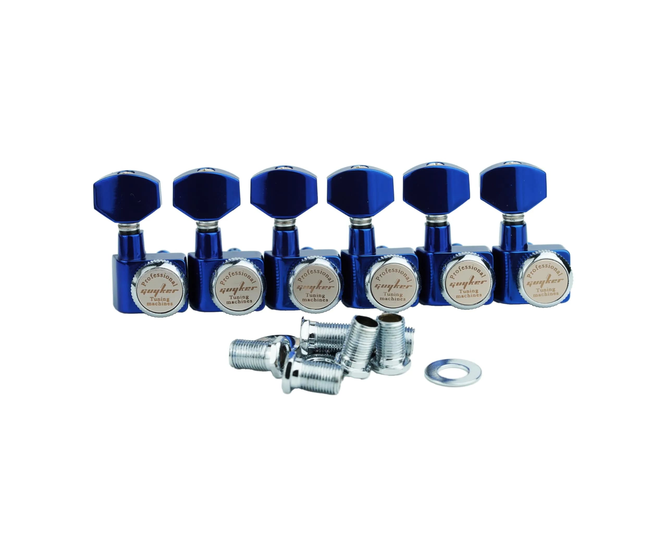Guyker 6-in-line Guitar Locking Tuners GK434, Blue Chrome (Set of 6) | Precision 1:18 Gear Ratio