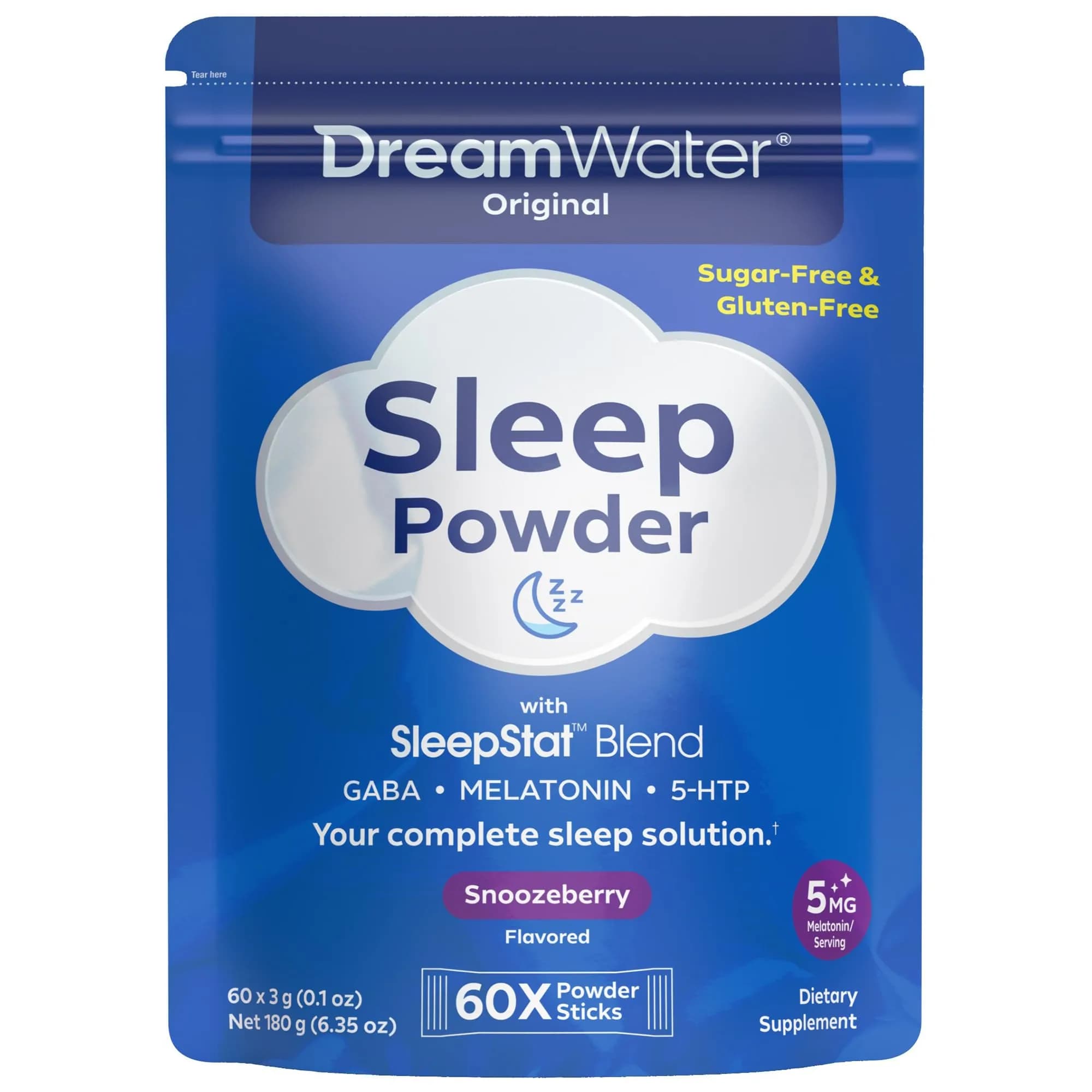 Dream Water Sleep Powder 60-Count | Sugar-Free, Gluten-Free, Natural Flavors, GABA, Melatonin, 5-HTP — Multicolor