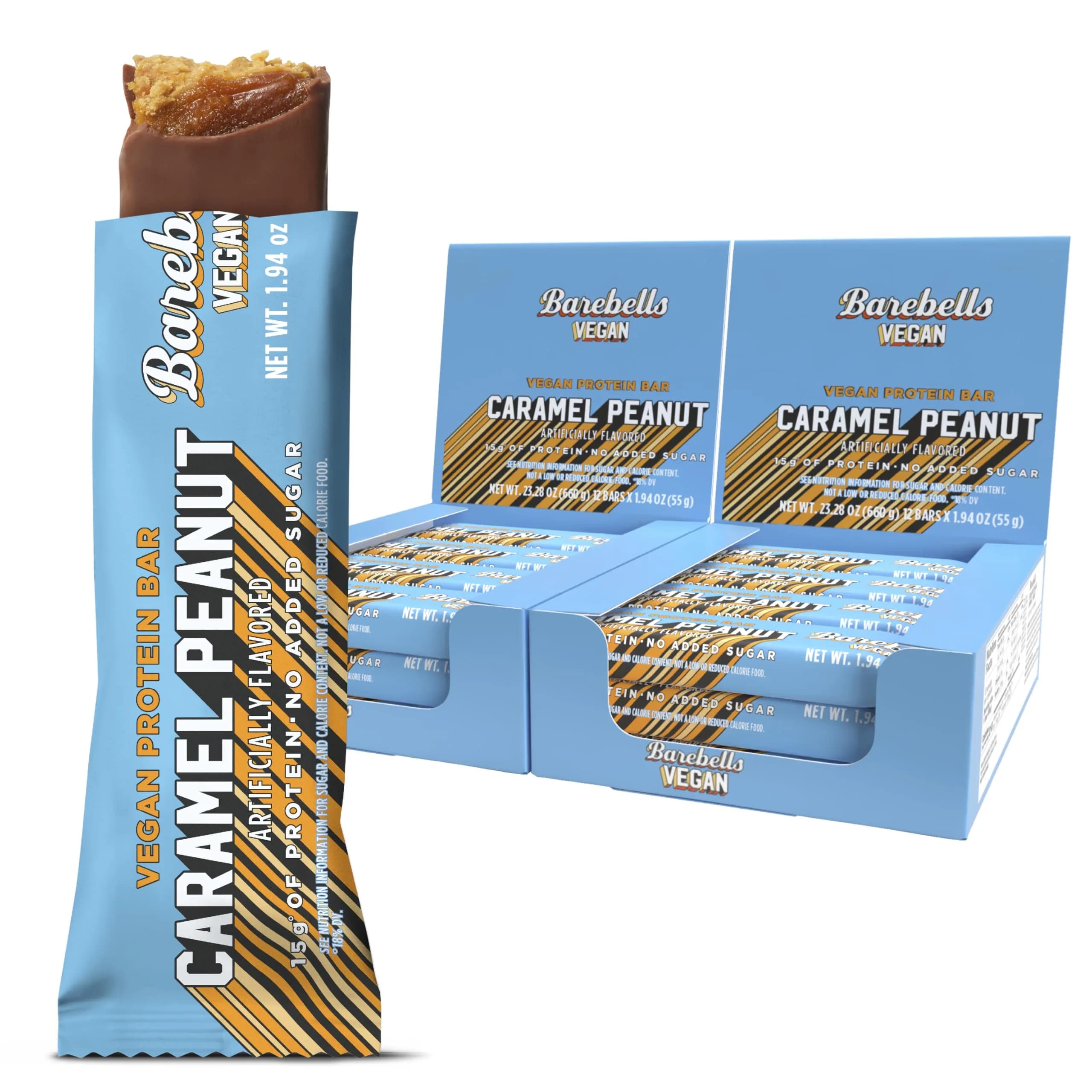 BAREBELLS Vegan Protein Bars Peanut Caramel 24 Count | Plant Based High Protein Snack - main product image