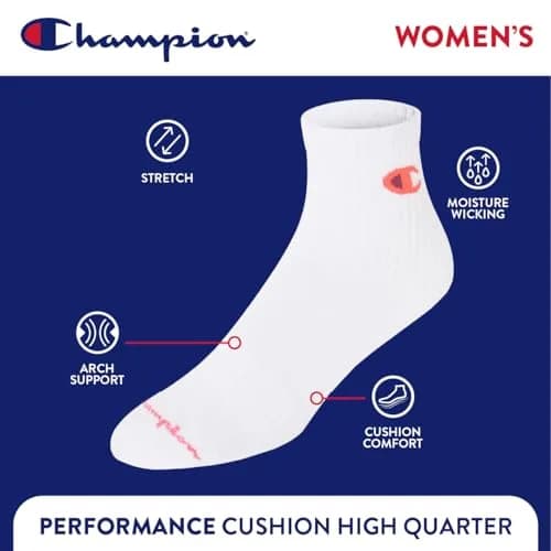Champion Women's High Quarter Socks Size 5-9 | Cushioned Moisture-Wicking Ankle Socks thumbnail 4