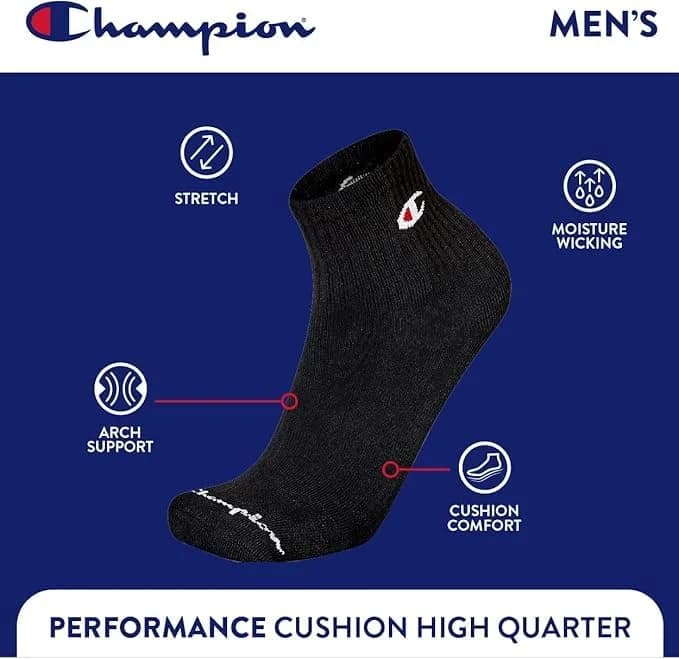 Champion Men's Quarter Socks – 6-pack | Moisture-wicking, Cushioned, Durable Ankle Socks thumbnail 5