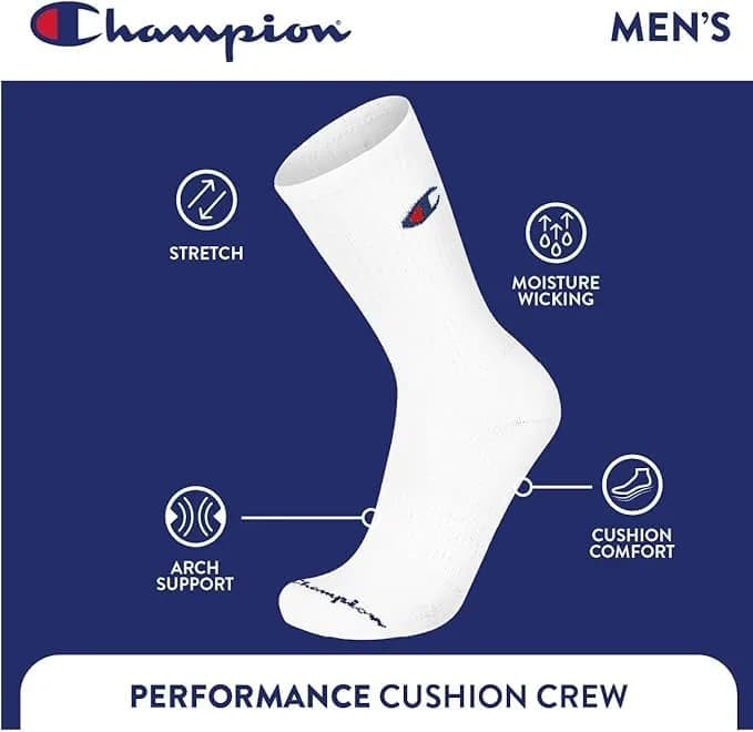 Champion Men's Crew Athletic Socks | Moisture-Wicking, Cushioned, Arch Support (Fits Shoe Size 6-12.5) thumbnail 4