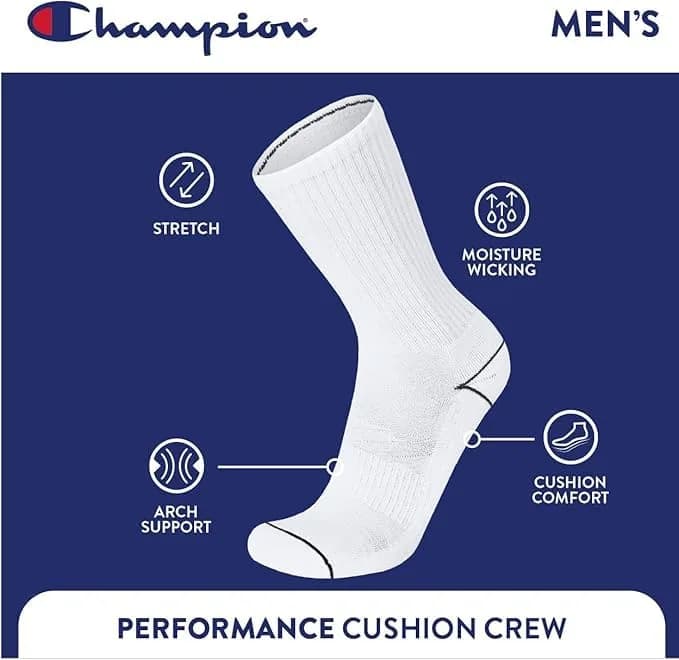 Champion Men's Crew Athletic Socks | Moisture-Wicking, Cushioned Fit (6-12.5 US Men) thumbnail 5