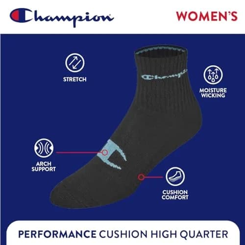 Champion Women's High Quarter Cushioned Athletic Socks, 6-Pack | Moisture-Wicking & Supportive Fit thumbnail 4