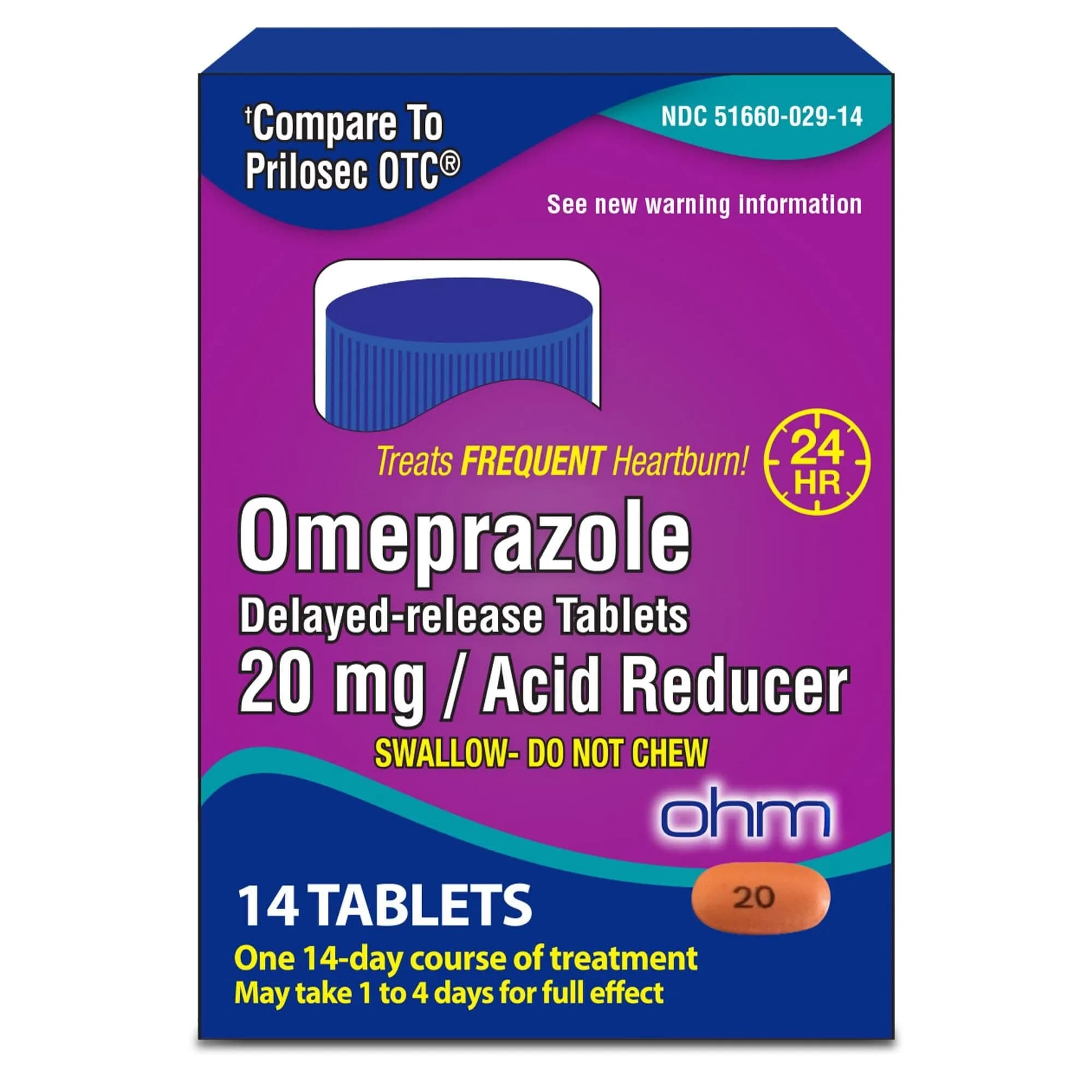 Ohm Omeprazole 20mg Delayed-Release Tablets, 14 Count | 24-Hour Heartburn Relief - main product image