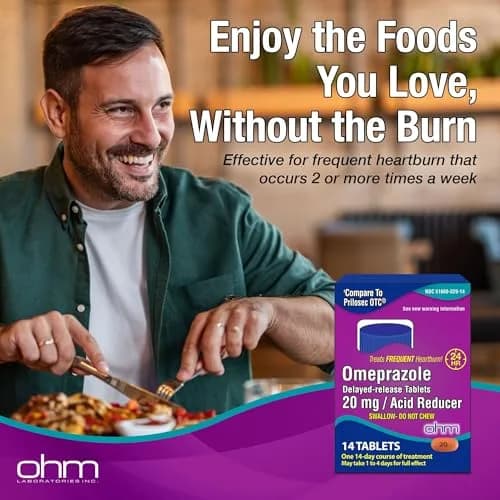 Ohm Omeprazole 20mg Delayed-Release Tablets 14 Count | Acid Reducer for Frequent Heartburn thumbnail 2