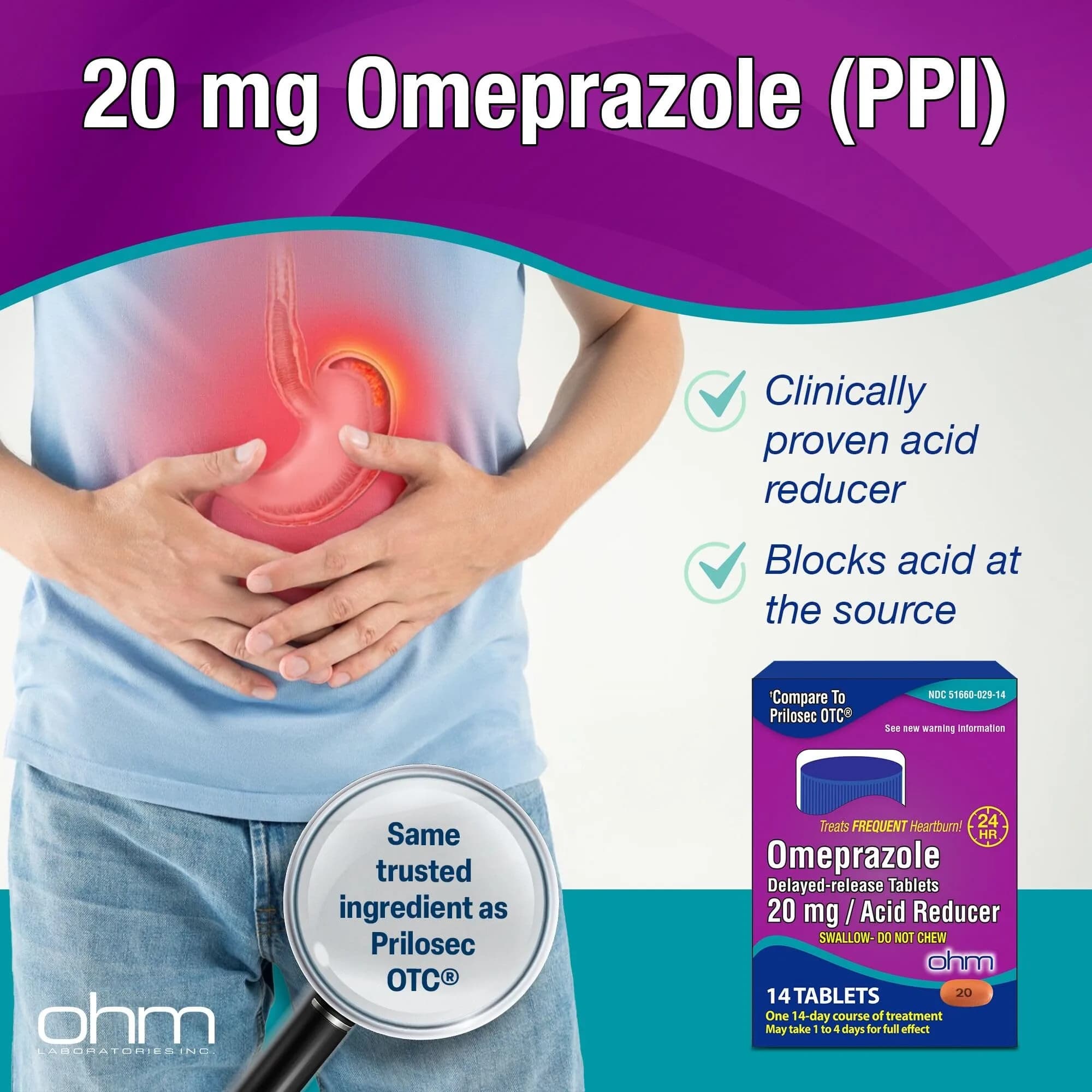Ohm Omeprazole 20mg Delayed-Release Tablets 14 Count | Acid Reducer for Frequent Heartburn - view 3