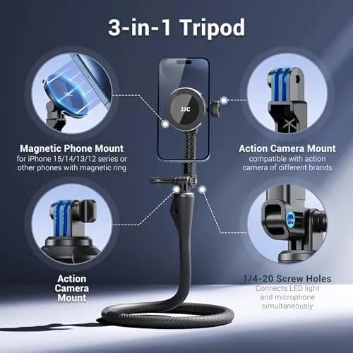 JJC Magnetic Flexible Arm with Clamp for MagSafe Phone & Action Camera | 313g (11oz) Bendable Mount thumbnail 3