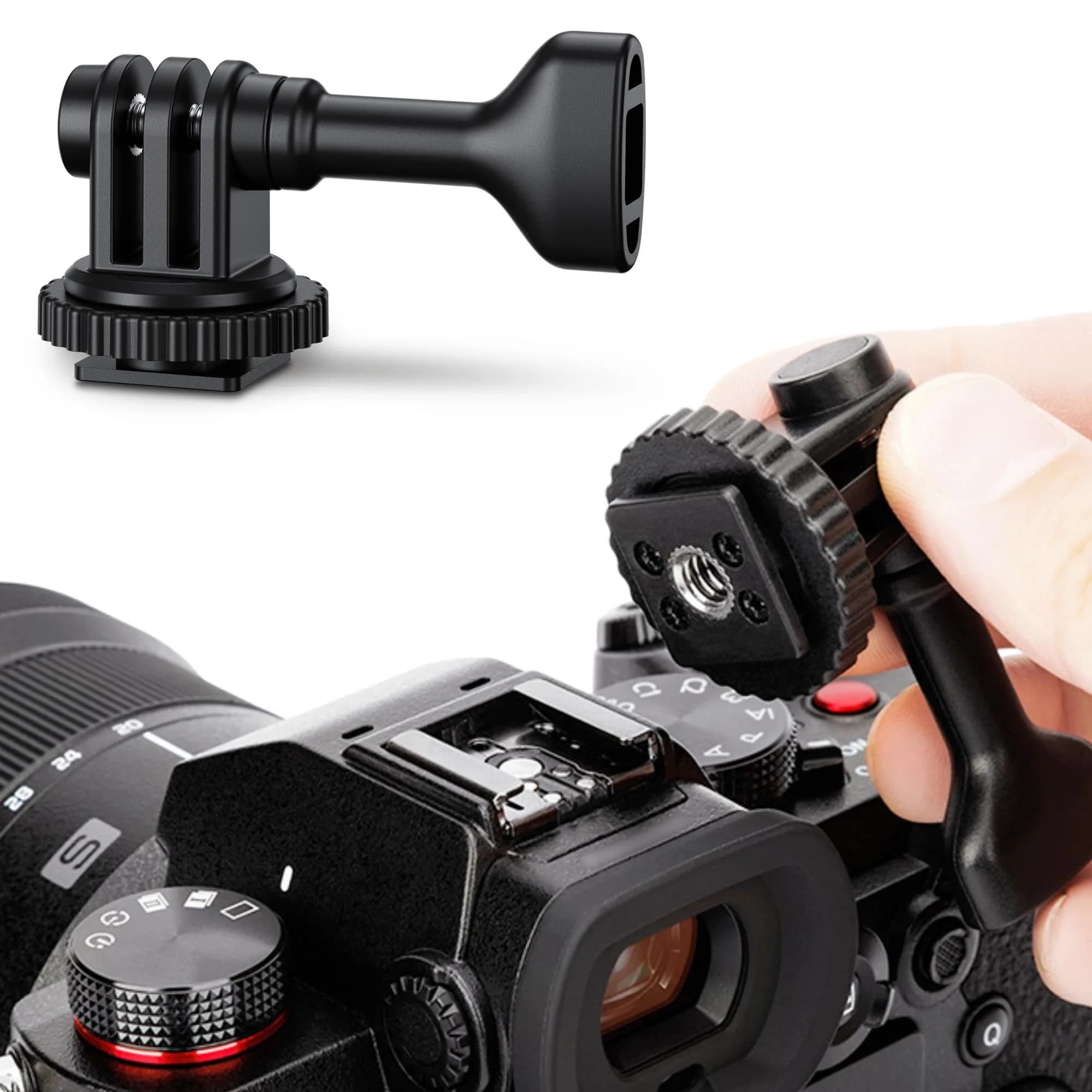 JJC 2-in-1 Action Camera Hot Shoe Mount Adapter with 1/4"-20 Hole & Tilt Adjustment | Black ABS Material - main product image
