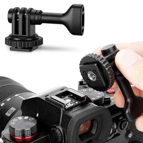 JJC 2-in-1 Action Camera Hot Shoe Mount Adapter with 1/4"-20 Hole & Tilt Adjustment | Black ABS Material thumbnail 1