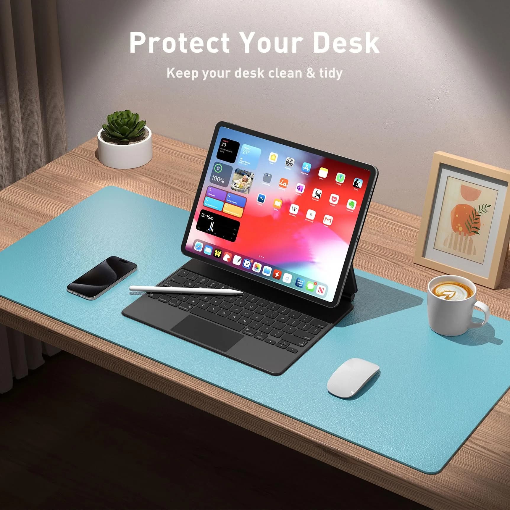 Aothia Large PU Leather Desk Pad Protector – Non-Slip Mouse Pad & Writing Mat, 48" x 17" Blue Topaz - view 4