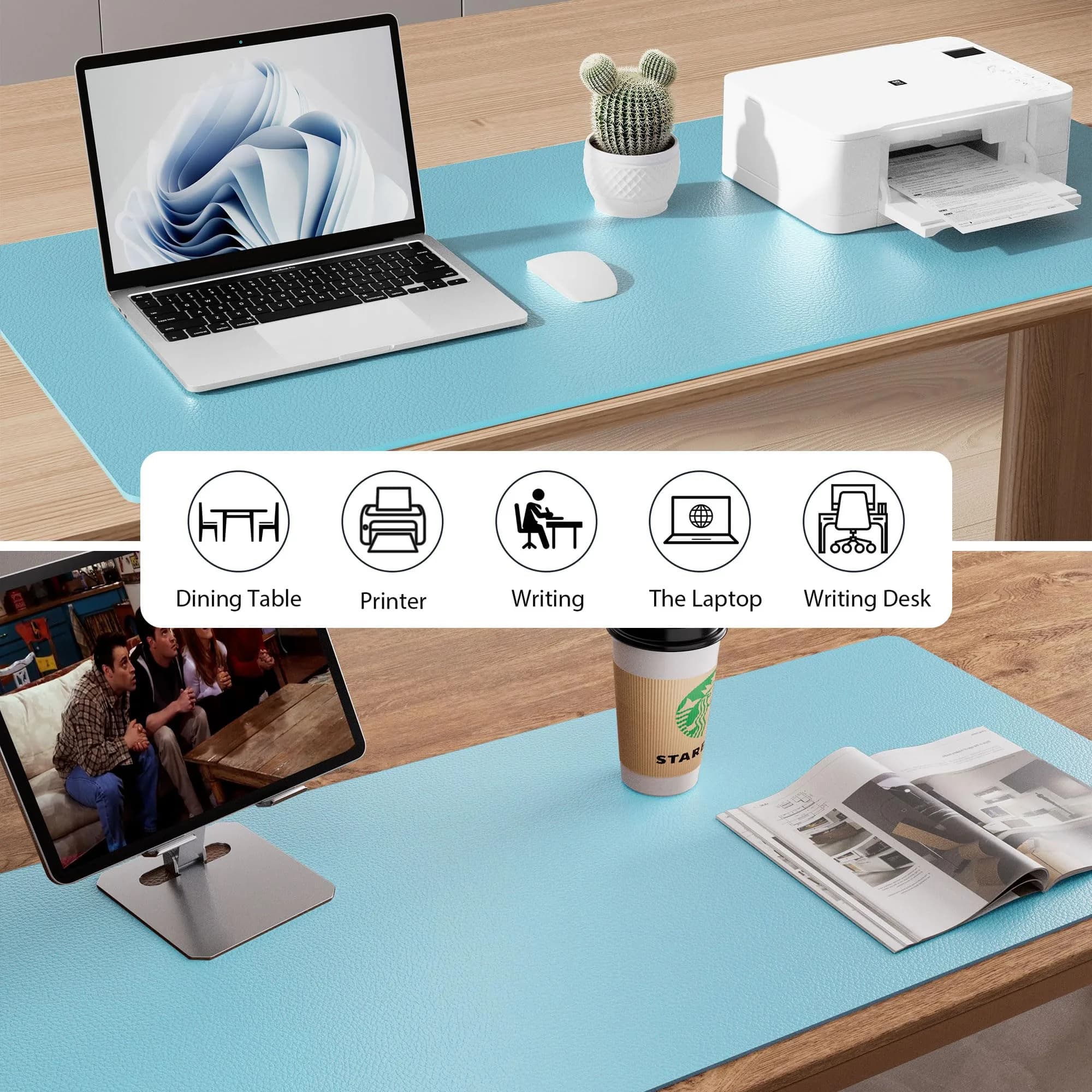 Aothia Large PU Leather Desk Pad Protector – Non-Slip Mouse Pad & Writing Mat, 48" x 17" Blue Topaz - view 5
