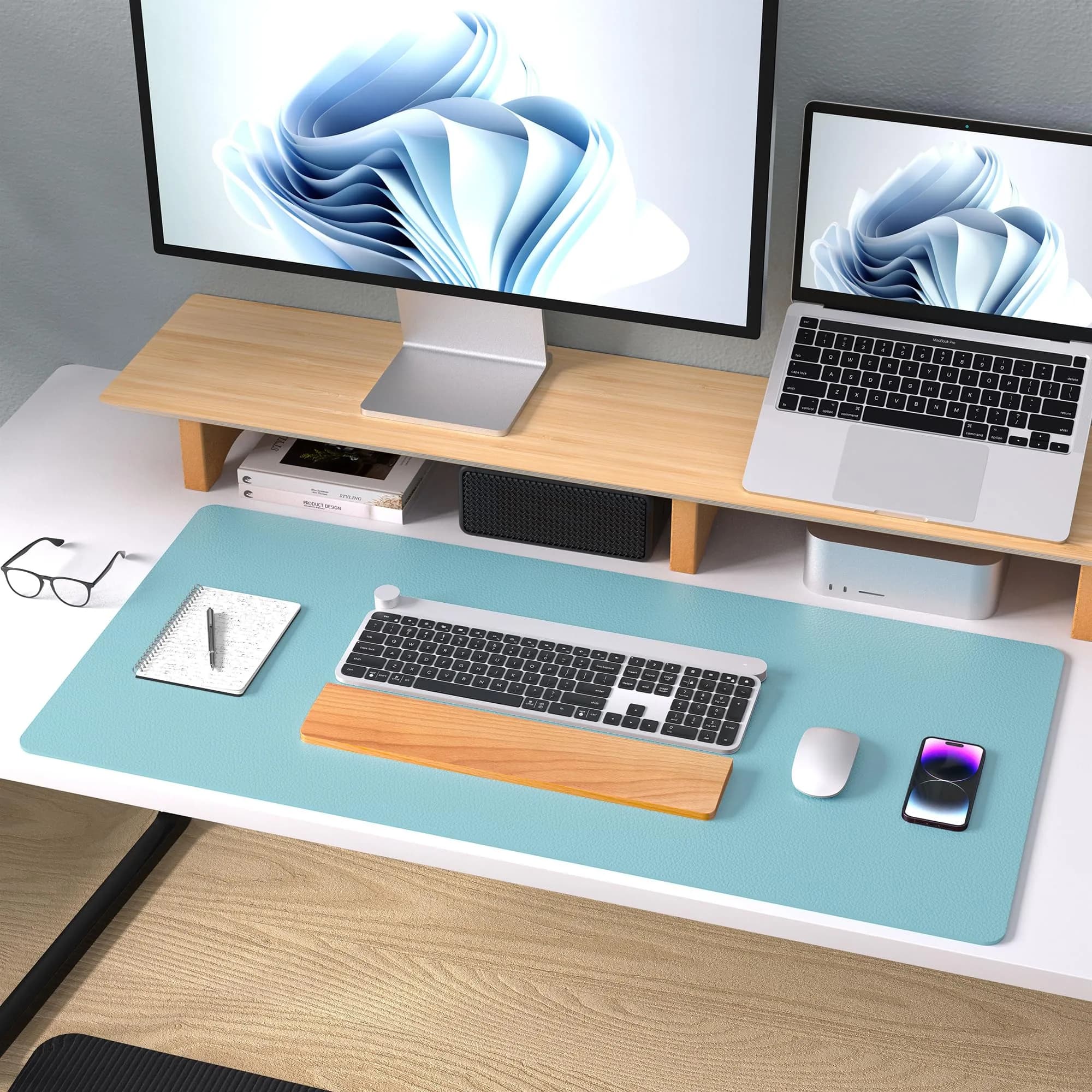 Aothia Large PU Leather Desk Pad Protector (36" x 17", Blue Topaz) | Smooth Writing Surface for Office & Home - view 8