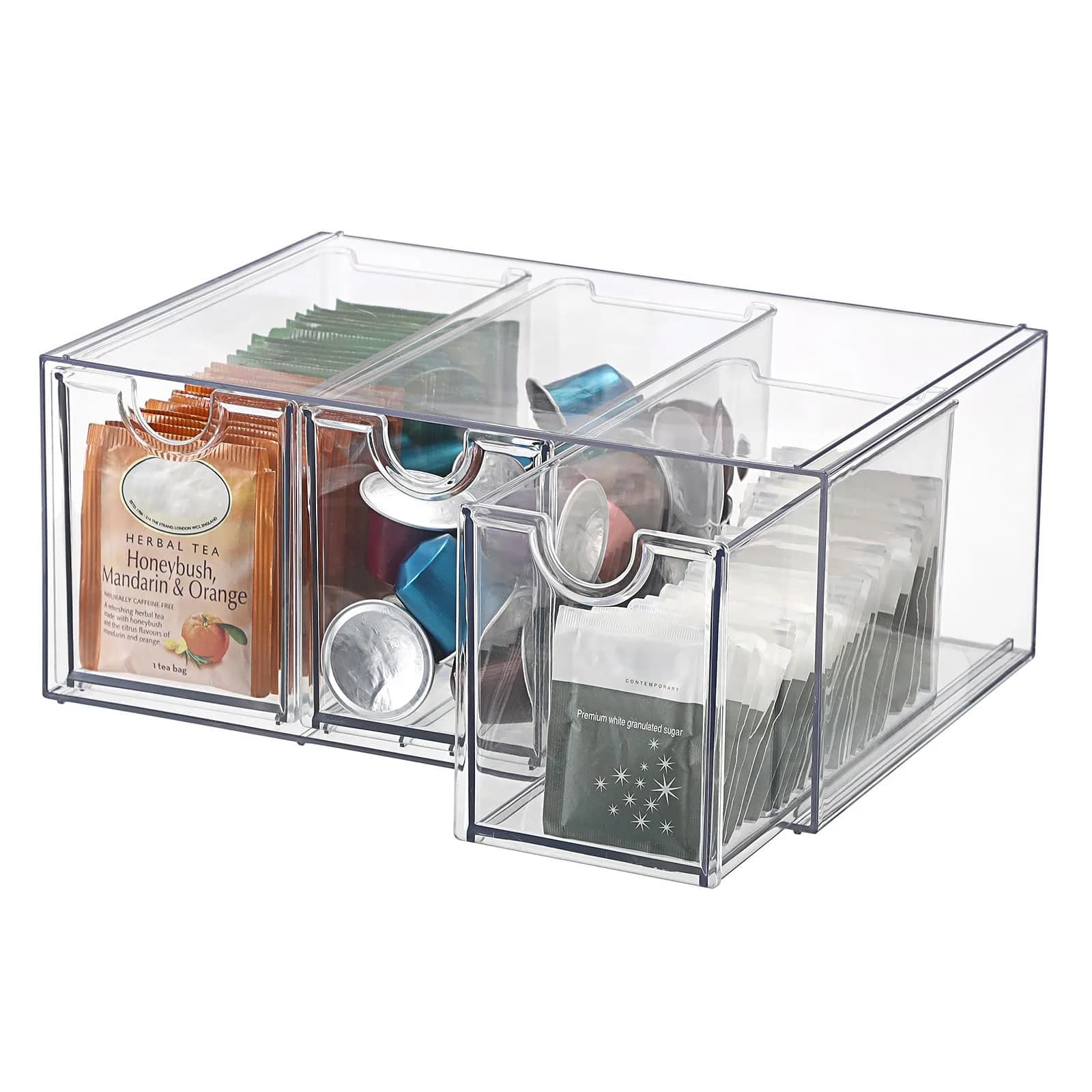 ELLDOO 3 Drawers Tea Bag Organizer Box, Clear Acrylic Stackable Tea Storage for Kitchen Pantry, Coffee Pod Snack — Clear