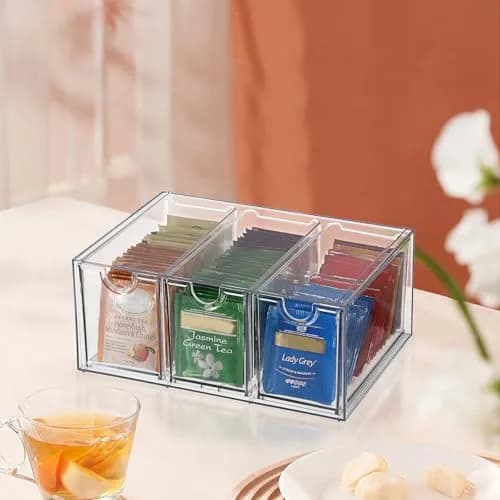 ELLDOO 3 Drawers Tea Bag Organizer Box, Clear Acrylic Stackable Tea Storage for Kitchen Pantry, Coffee Pod Snack thumbnail 9